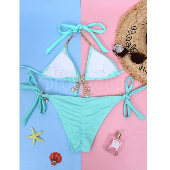 Rhinestone Embellished Bikini Swimsuit Mint Green - Picture 4 of 7